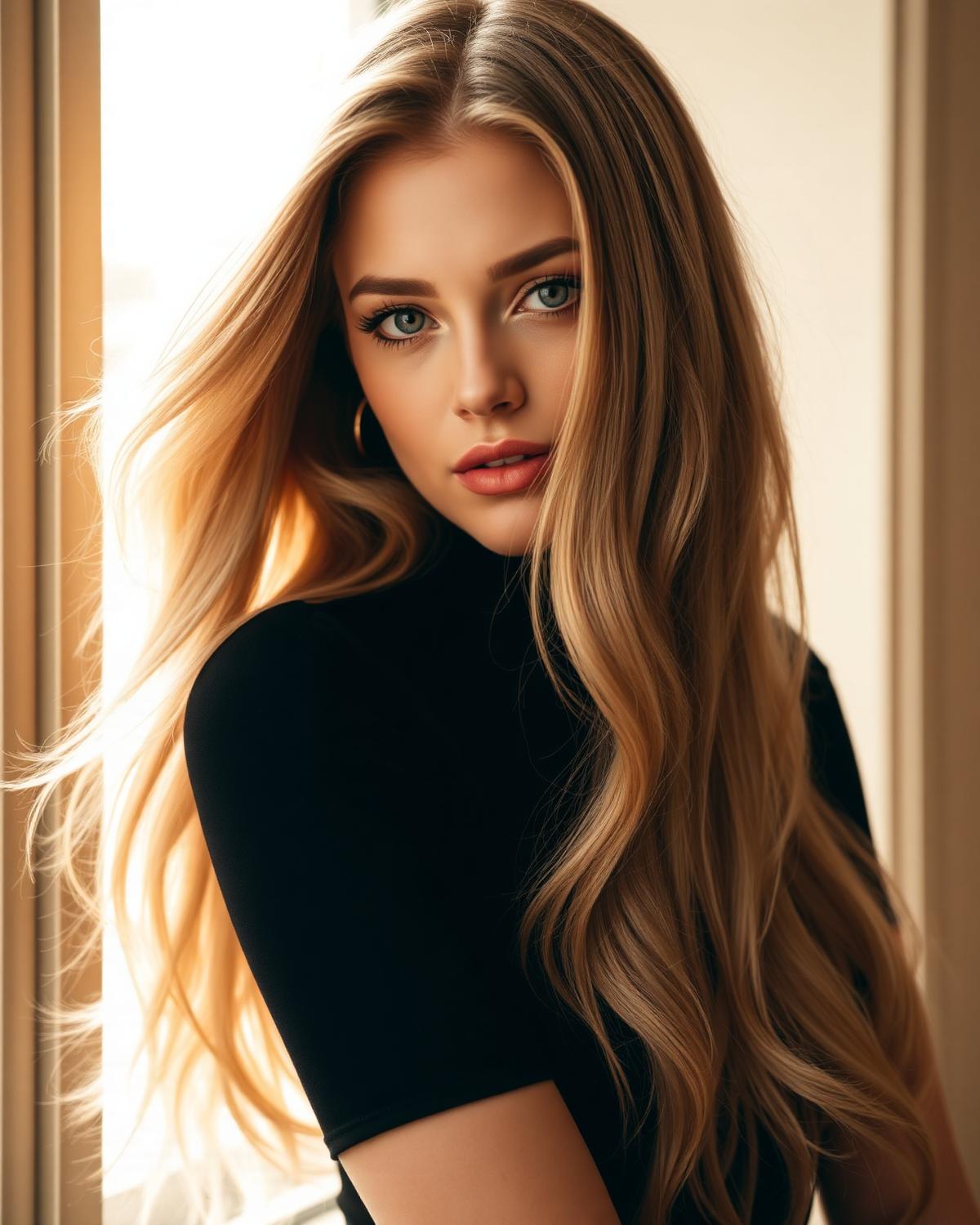Woman with long, flowing hair extensions coloured in a hand-painted golden blonde