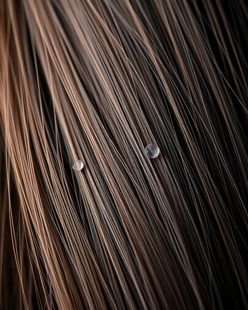Macro close-up of tiny transparent keratin bonds attached to individual hair strands